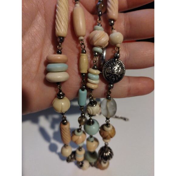 Gypsy Boho Bohemian Beaded Stones Double Strand Beach Silver Tone Necklace - Picture 2 of 5